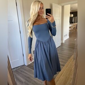 Women’s Square Neck Long Sleeve Midi Dress in Slate Blue